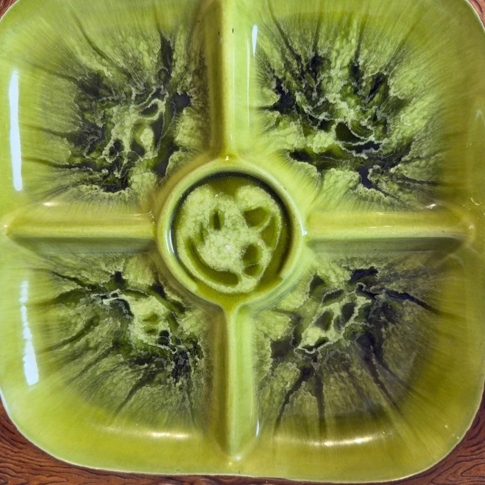 Vtg Treasure Craft Early American‎ Divided Relish Tray Wood  Look Avocado Green